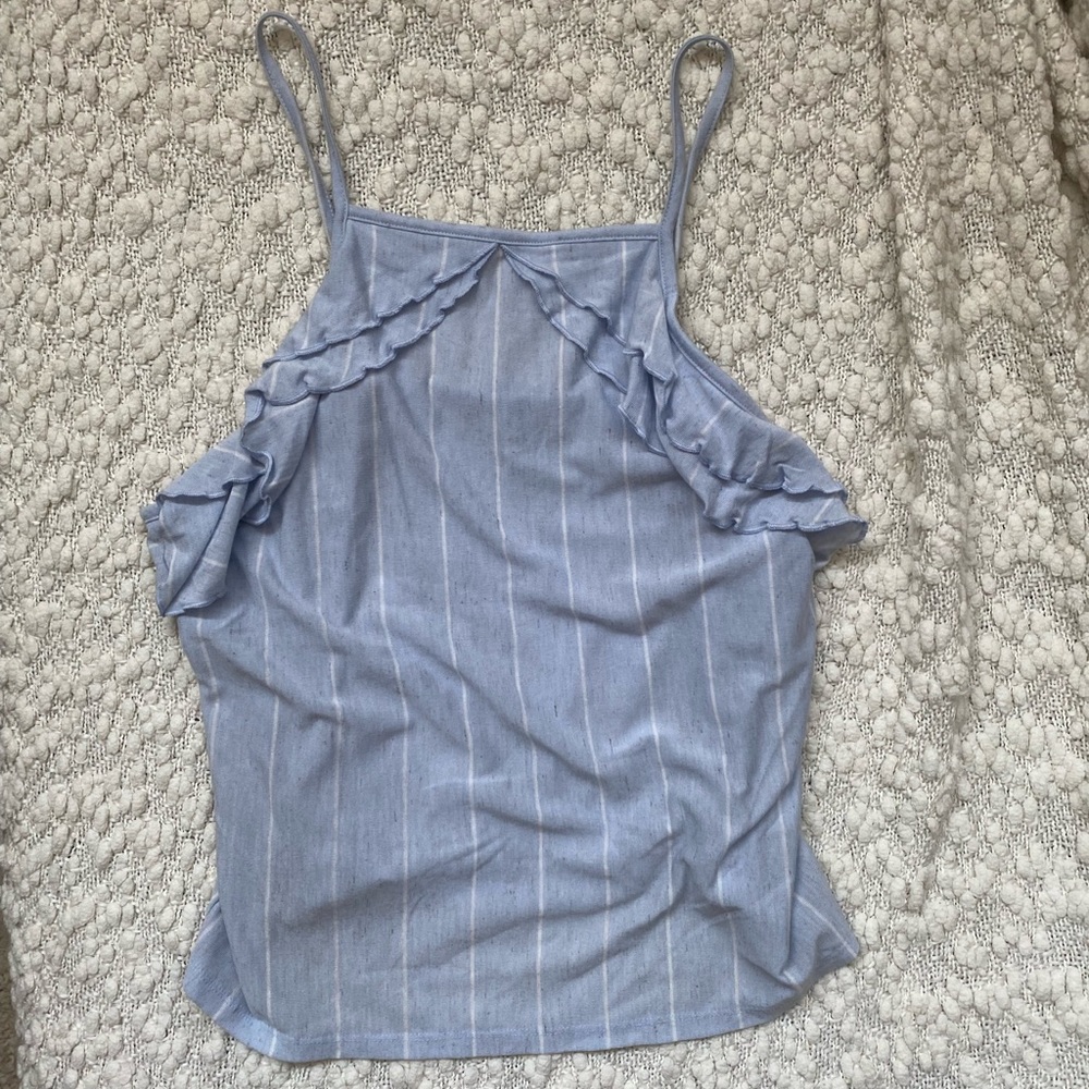 Powder Blue and White Striped Tank with Ruffled Detail